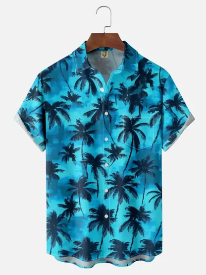 Tall Size Moisture-wicking Palm Tree Chest Pocket Hawaiian Shirt