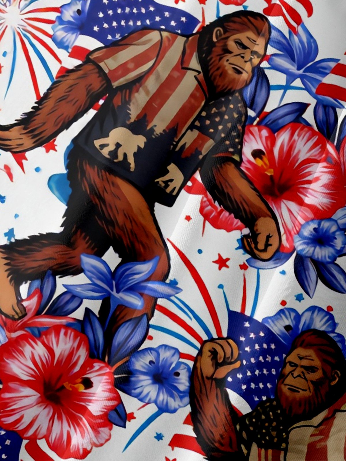 Moisture Wicking American Independence Day Anniversary Flag Plants Flowers Bigfoot Chest Pocke Holiday Hawaiian Shirt
