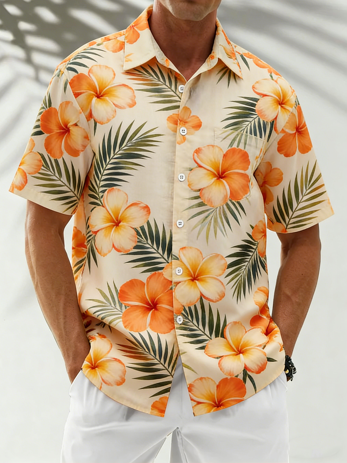 Linen-Texture Botanical Floral Chest Pocket Holiday Hawaiian Shirt