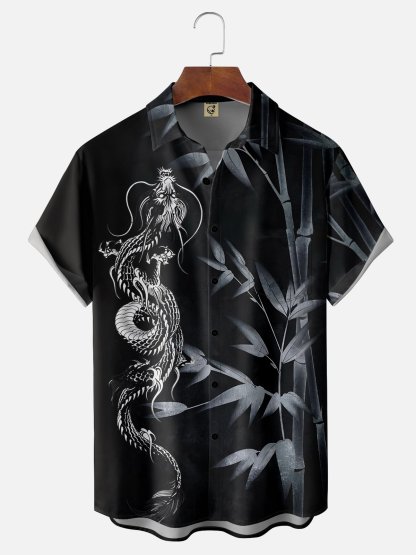 Moisture-wicking Ukiyoe Bamboo Dragon Chest Pocket Hawaiian Shirt