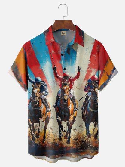 Moisture-wicking Kentucky Derby Race Day Horse Chest Pocket Casual Shirt
