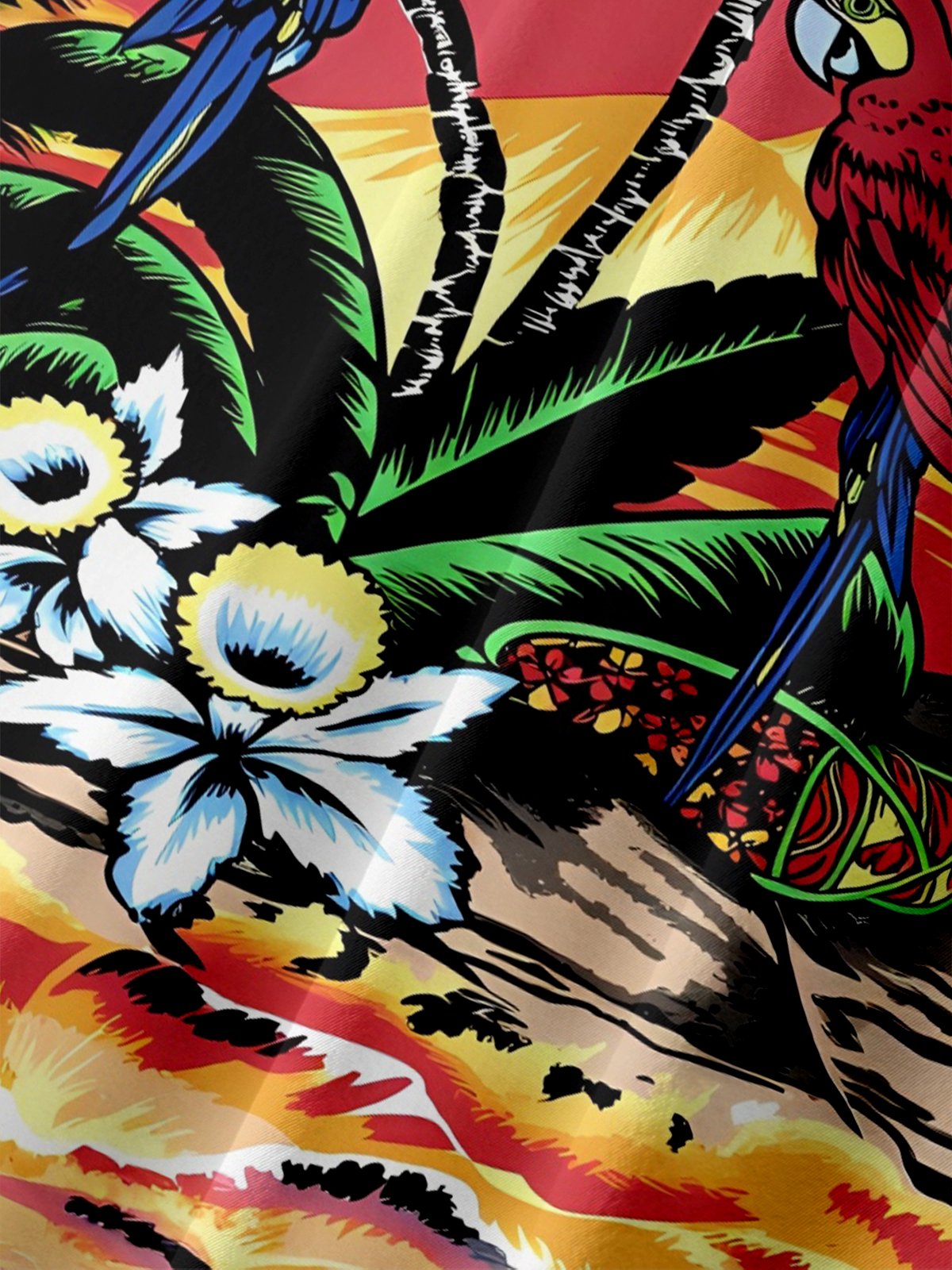 Moisture Wicking Tropical Plants Flowers Coconut Trees and Parrots Chest Pocket Holiday Hawaiian Shirt