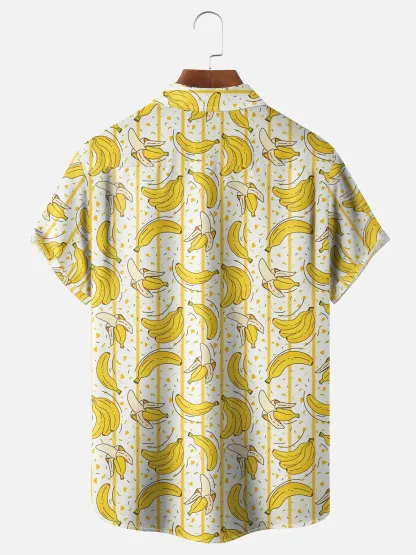 Moisture-wicking Banana Fruit Stripes Chest Pocket Hawaiian Shirt