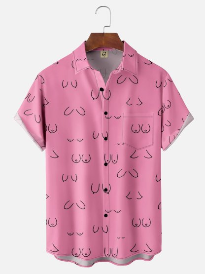 Moisture-wicking Abstract Line Drawing Chest Pocket Hawaiian Pink Boob Shirt For Men