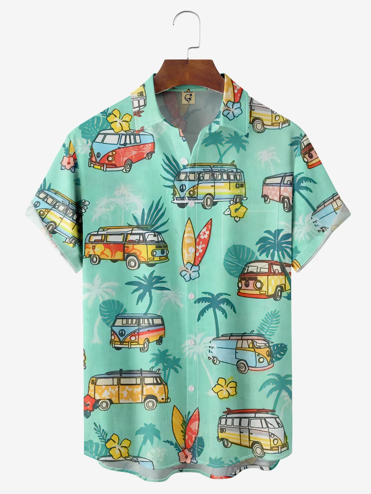 Moisture-wicking Palm Tree Vintage Car Chest Pocket Hawaiian Shirt