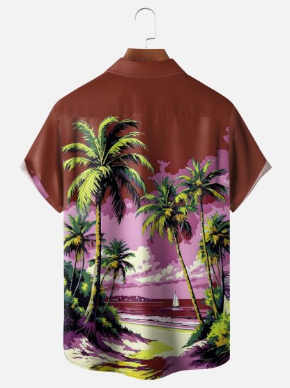 Moisture-wicking Coconut Tree Beach Chest Pocket Hawaiian Shirt