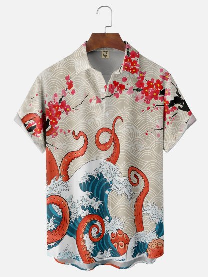 Moisture Wicking Japanese Ukiyo-e Cherry Blossom Octopus Chest Pocket Hawaiian Shirt