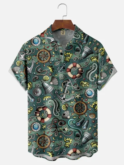 Moisture-wicking Nautical Elements Chest Pocket Hawaiian Shirt