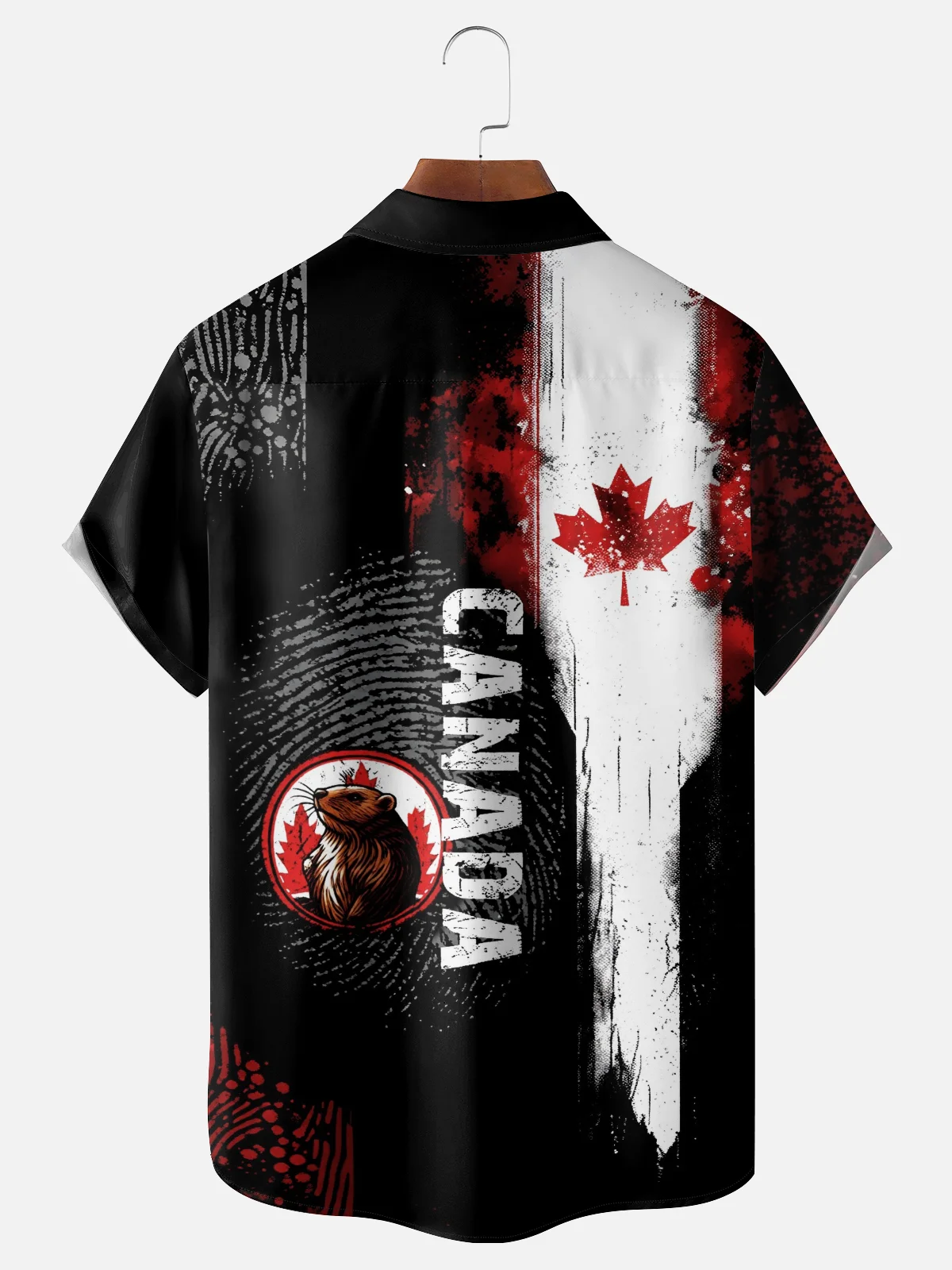 Moisture-Wicking Canada Day-Themed  Featuring National Flag Maple Leaf and Beaver Motifs Chest Pocket Holiday Hawaiian Shirt