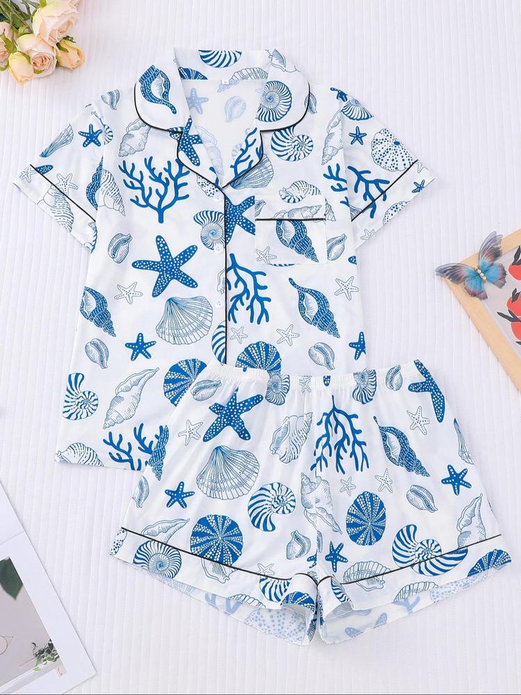 Women's Shell Print Top & Shorts Pyjama Two-piece Set, Casual Comfy Short Sleeve Top & Elastic Waist Shorts PJ Set, Ladies Summer Sleepwear, Pajamas