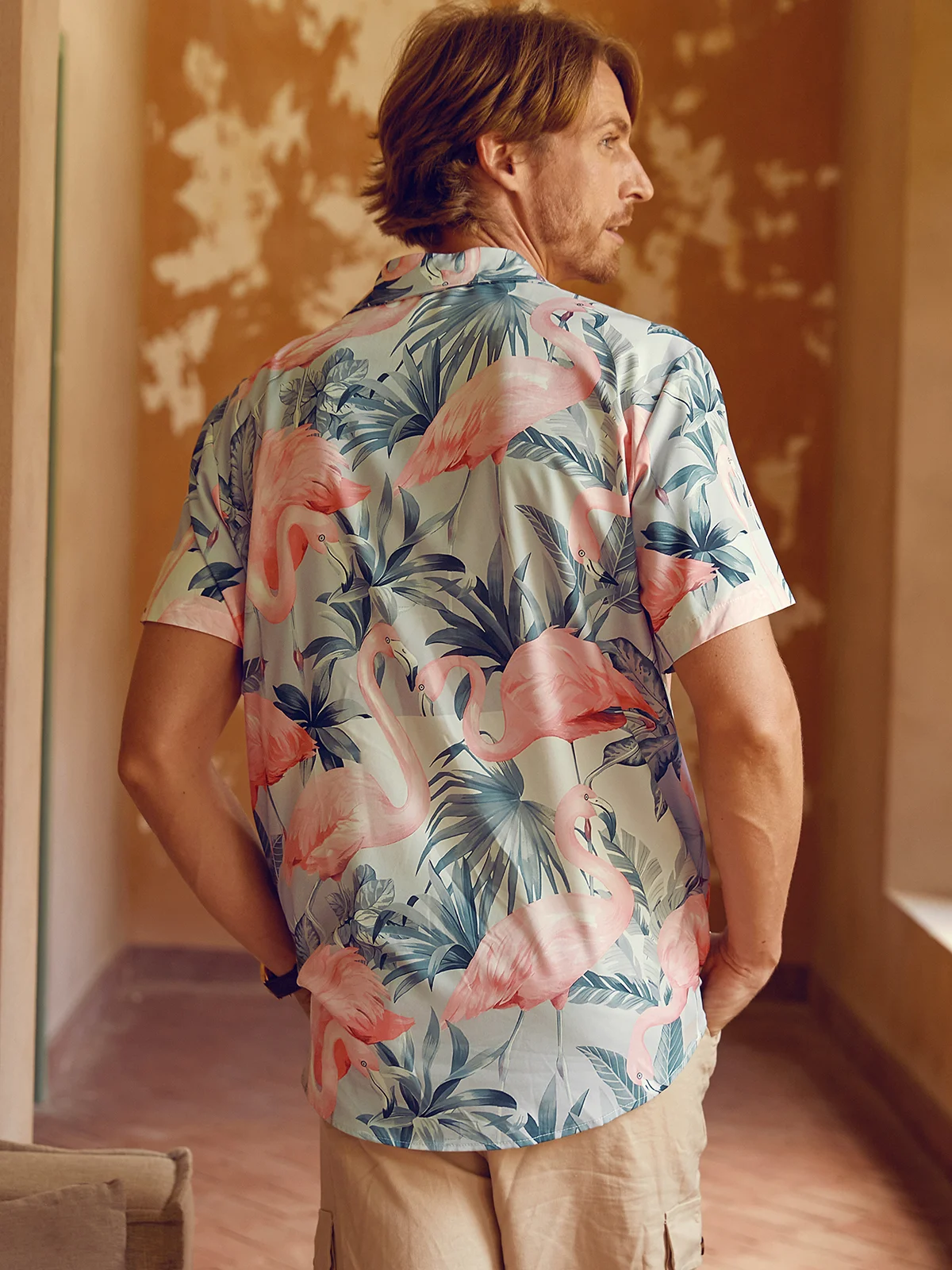 Men's Printed Casual Breathable Flamigo Short Sleeve Hawaiian Shirt