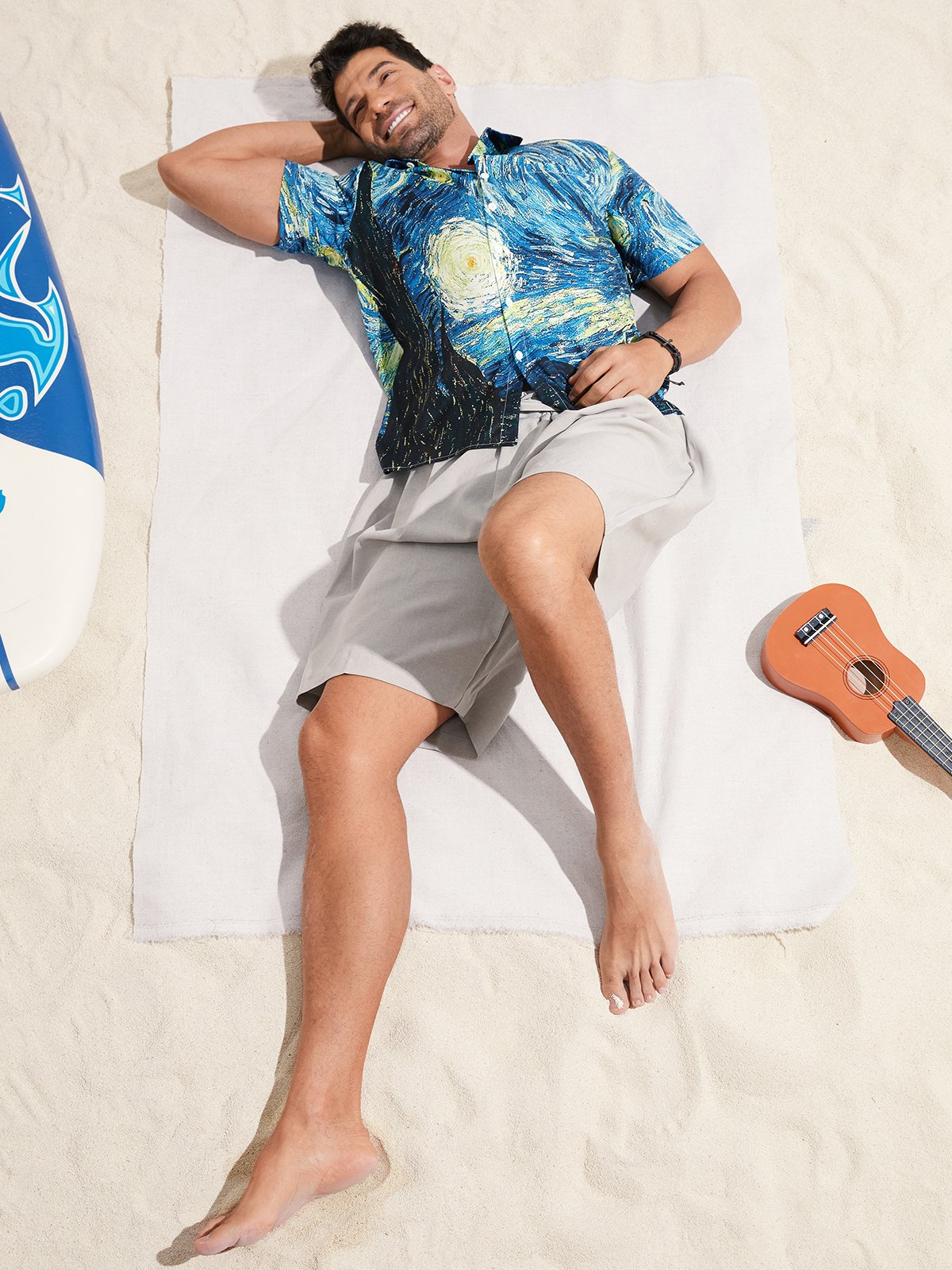 Hardaddy Mens Retro Van Gogh The Starry Night Lapel Loose Short Sleeve Funky Hawaiian Shirt