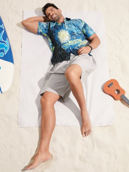 Hardaddy Mens Retro Van Gogh The Starry Night Lapel Loose Short Sleeve Funky Hawaiian Shirt