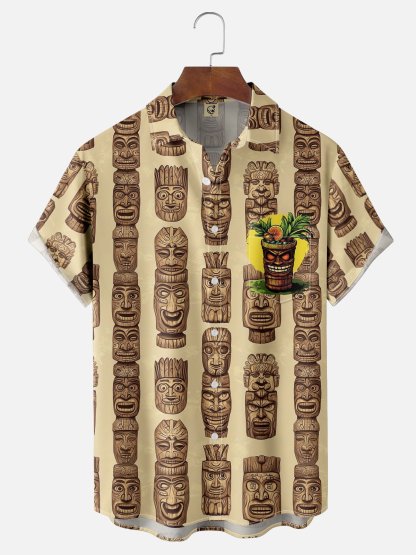 Moisture-wicking Tiki Chest Pocket Hawaiian Shirt