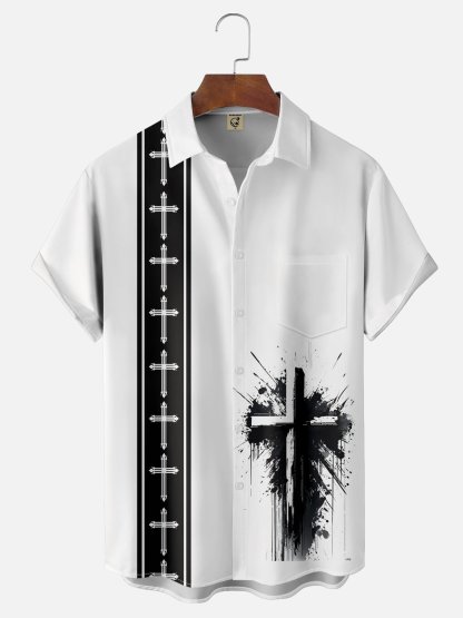 Moisture-wicking Easter Christian Cross Chest Pocket Bowling Shirt