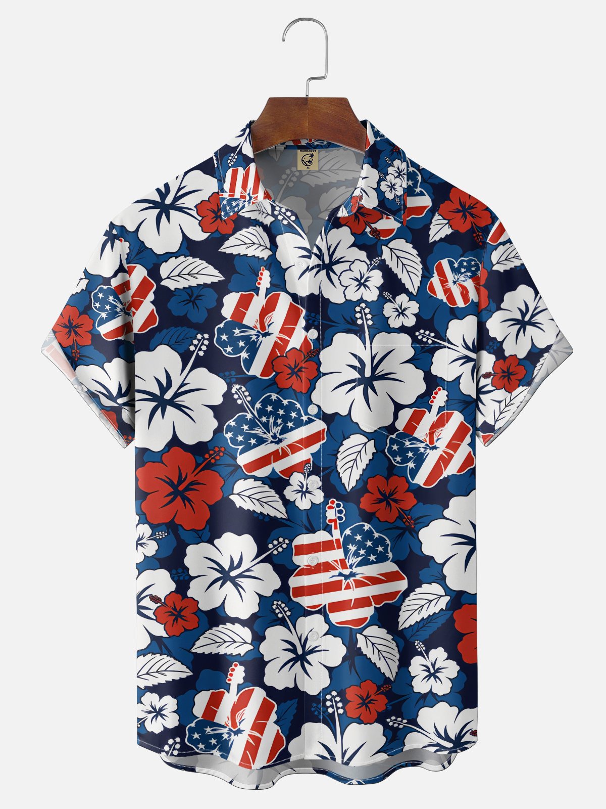 Moisture Wicking U.S. Independence Day Anniversary Flag Floral and Botanical Pattern Chest Pocket Holiday Hawaiian Shirt