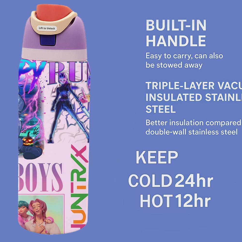 1pc 19/24/32oz Stainless Steel Vacuum Insulated Tumbler with Lid and Straw, KPop Demon Hunters x Gen-Z Cat Vibe, Hot 12H / Cold 24H, Holiday Tumbler for Halloween Christmas, Spooky Cat Demon Hunter Travel Cup, Insulated Travel Drinkware — Perfect Gift