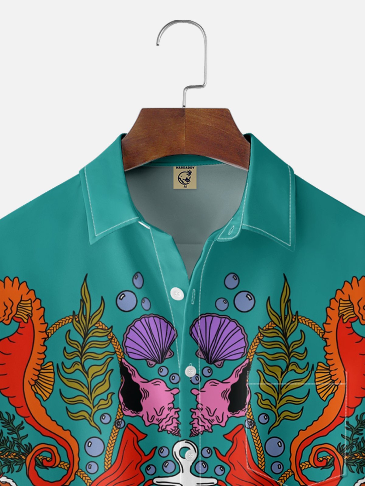 X Artist Janet Johnson Moisture Wicking Abstract Ocean Elements Seahorse Art Painting Chest Pocket Hawaiian Shirt