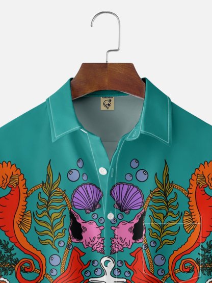 X Artist Janet Johnson Moisture Wicking Abstract Ocean Elements Seahorse Art Painting Chest Pocket Hawaiian Shirt