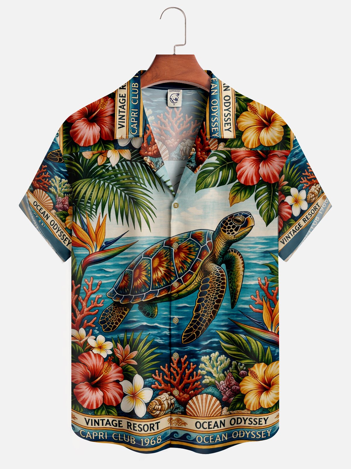Moisture Wicking Leafy Flowers Ocean Turtle Chest Pocke Holiday Hawaiian Shirt