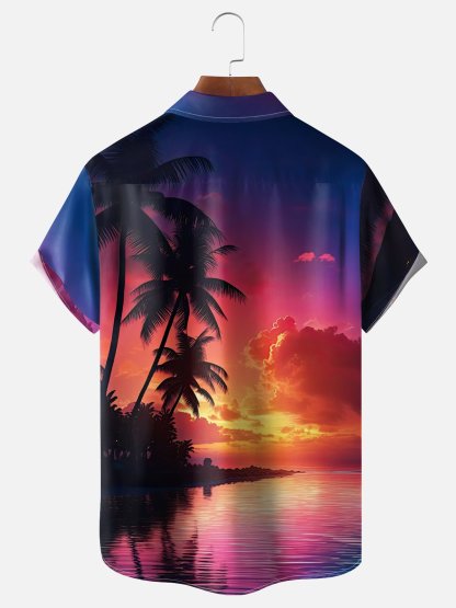 Moisture-wicking Sunset Island Coconut Tree Scenery Chest Pocket Hawaiian Shirt