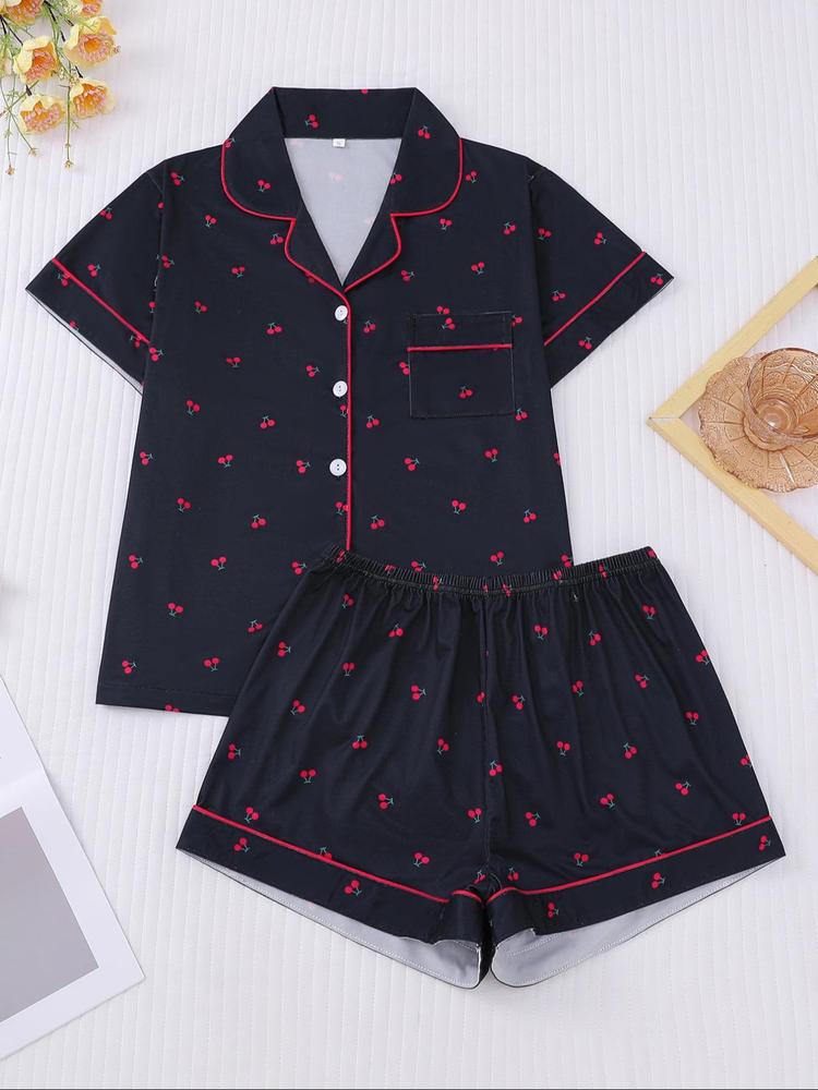 Women's Cherry Print Crop Shirt & Elastic Waist Shorts Pyjama Set, Casual Comfy Short Sleeve Top & Shorts PJ Set, Ladies Sleepwear for All Seasons