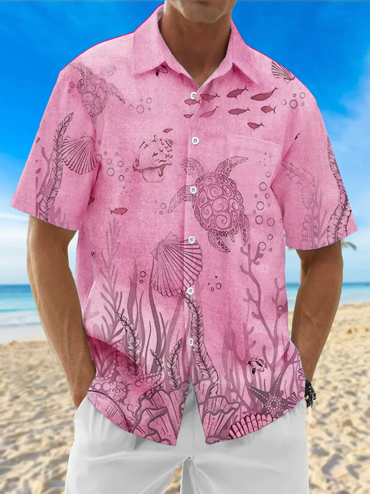 Moisture Wicking Ocean Turtle Chest Pocket Hawaiian Shirt