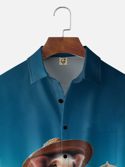 Moisture Wicking Fun Beach Vacation Pig Design Holiday Chest Pocket Hawaiian Shirt
