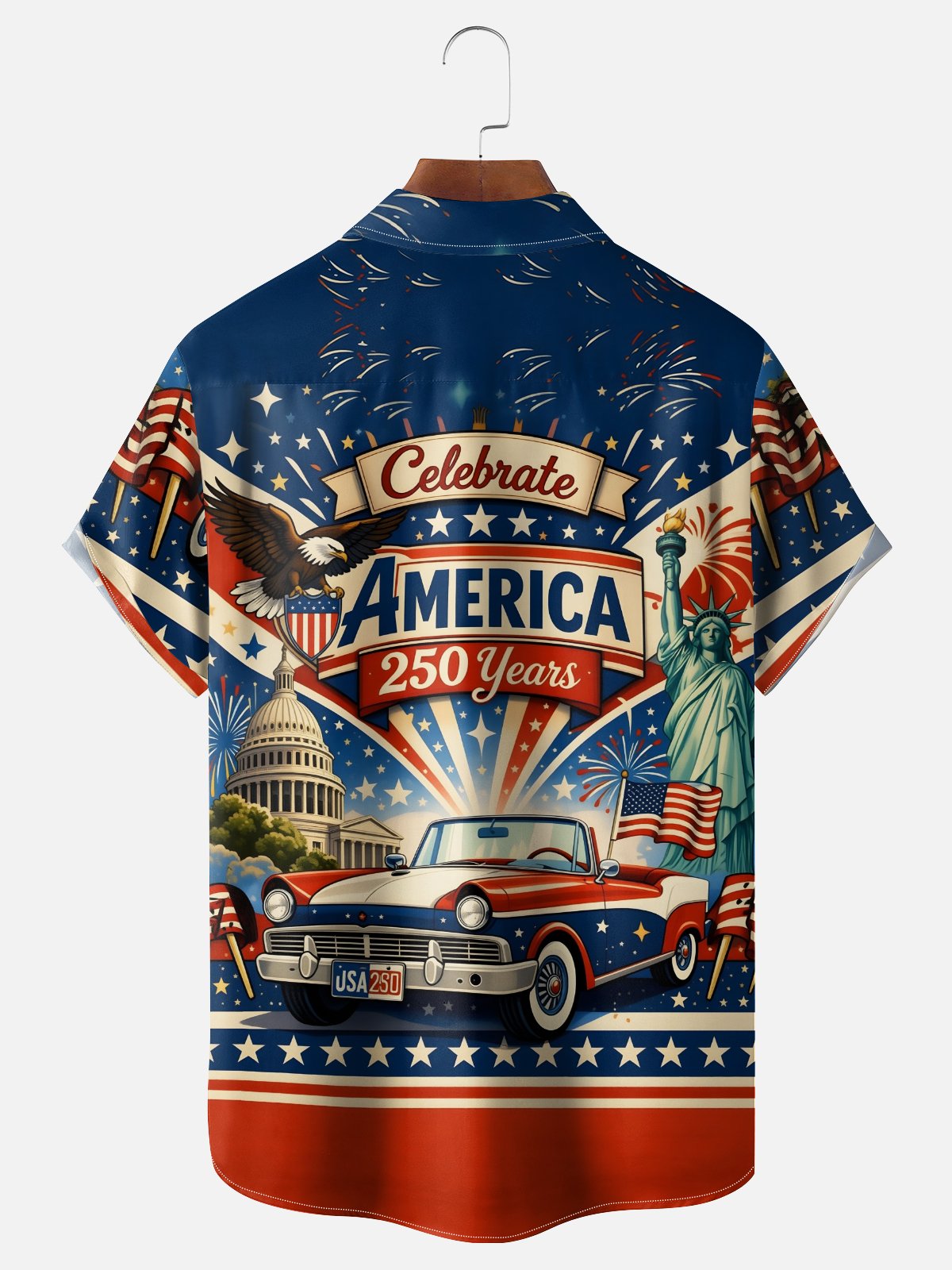 Moisture-Wicking 250th Anniversary of U.S. Independence Commemorative Edition Vintage Car Chest Pocket Holiday Hawaiian Shirt