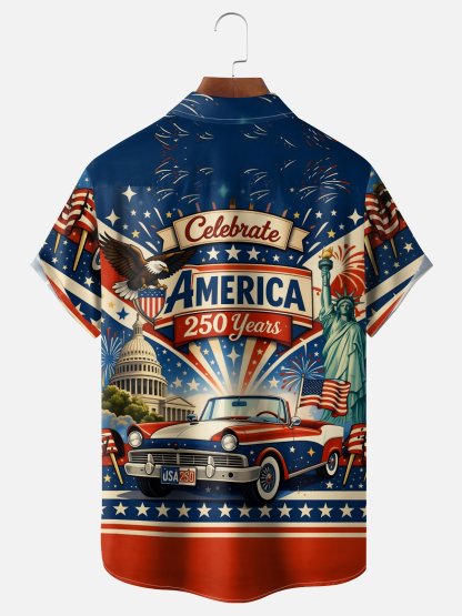 Moisture-Wicking 250th Anniversary of U.S. Independence Commemorative Edition Vintage Car Chest Pocket Holiday Hawaiian Shirt