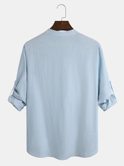 Cotton Linen Plain Color Casual Light Blue Regular Fit Long Sleeve Shirt Hawaiian Shirts For Men