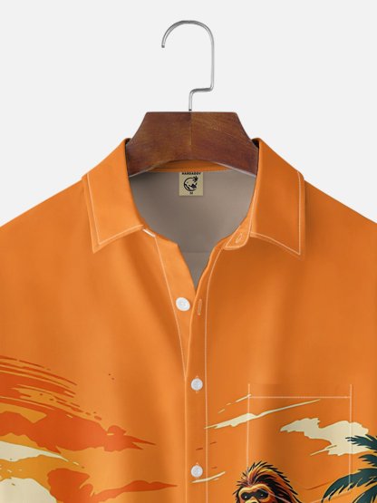 Moisture-Wicking Gradient Coconut Trees Beach And Bigfoot Print Chest Pocket Hawaiian Shirt
