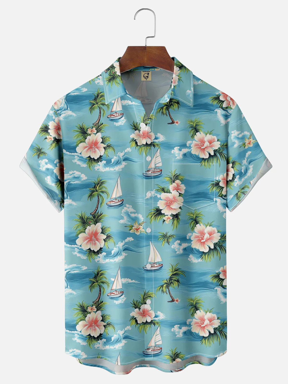 Moisture-wicking Palm Tree Hibiscus Flower Sailing Boat Chest Pocket Hawaiian Shirt