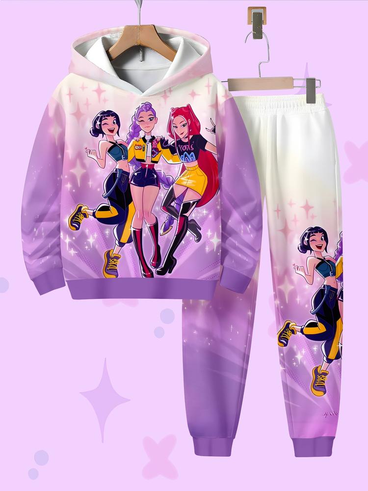 Huntress Team Starlight Wind Theme Hoodie Set, Gradient, Stars Pattern, Cartoon Characters, Casual Kids Sweatshirt