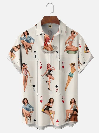 Tall Size Moisture Wicking Poker Girl Chest Pocke Holiday Hawaiian Shirt