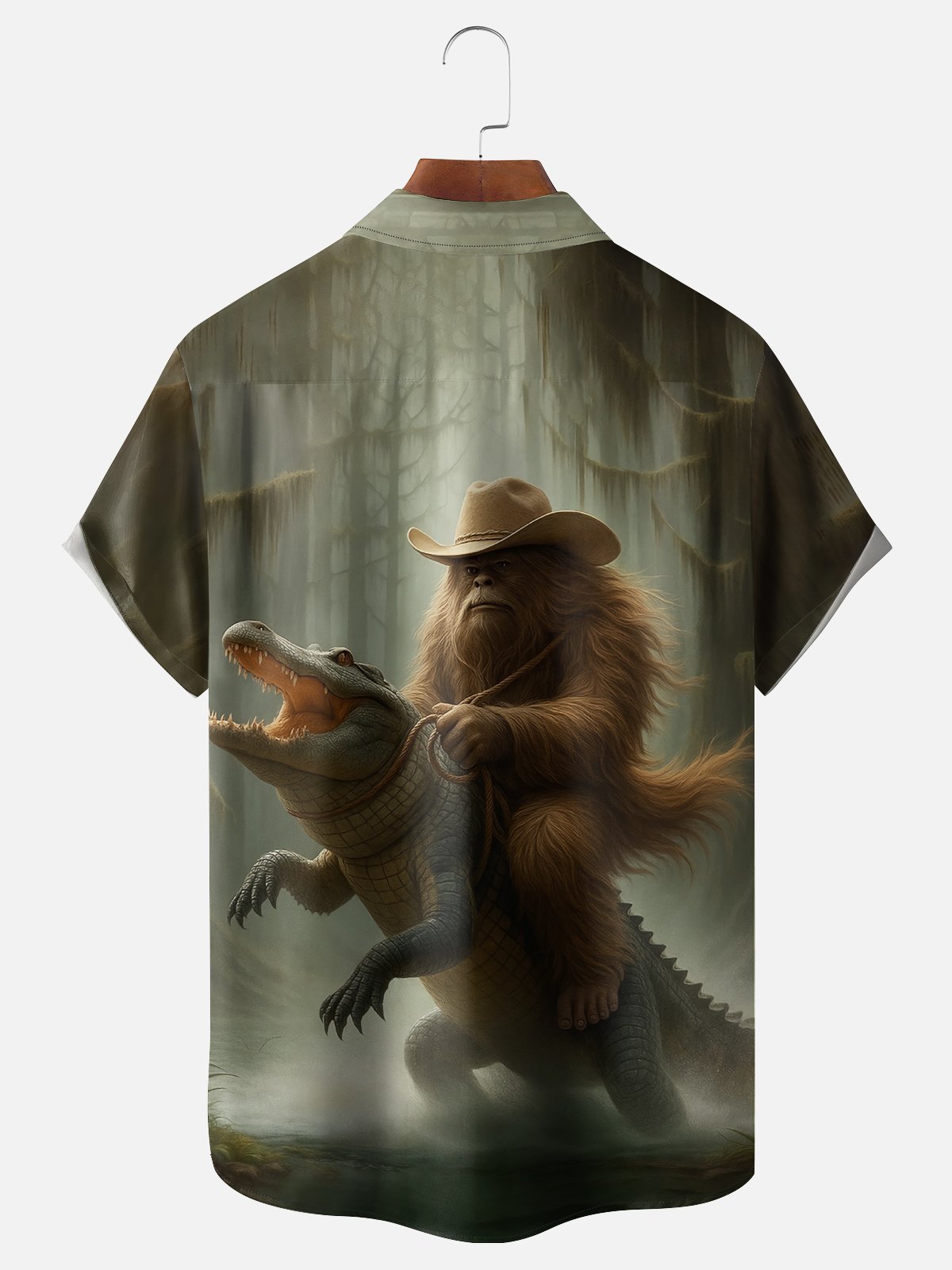 Moisture-wicking Funny Bigfoot Cowboy vs. Alligator Chest Pocket Hawaiian Shirt