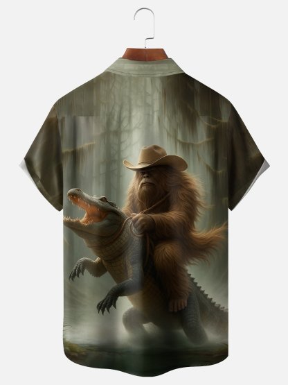 Moisture-wicking Funny Bigfoot Cowboy vs. Alligator Chest Pocket Hawaiian Shirt