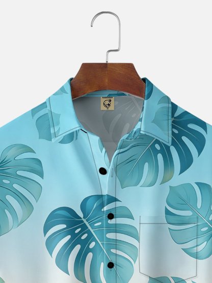 Moisture-Wicking Gradient Tropical Botanical & Palm Leaf  Chest Pocket Hawaiian Shirt