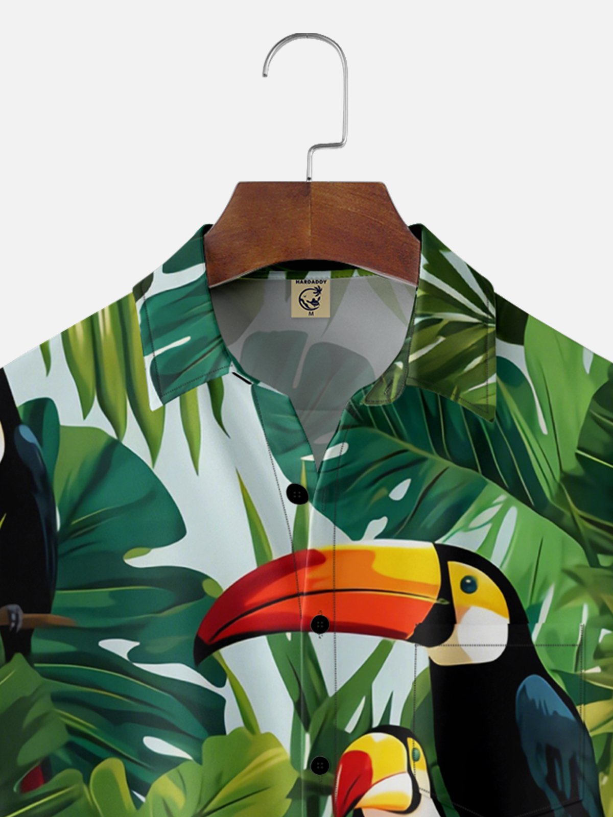 Moisture-wicking Tropical Palm Tree Toucan Parrots Chest Pocket Hawaiian Shirt