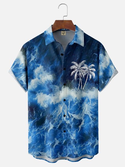 Moisture-wicking Ocean Palm Tree Chest Pocket Hawaiian Shirt