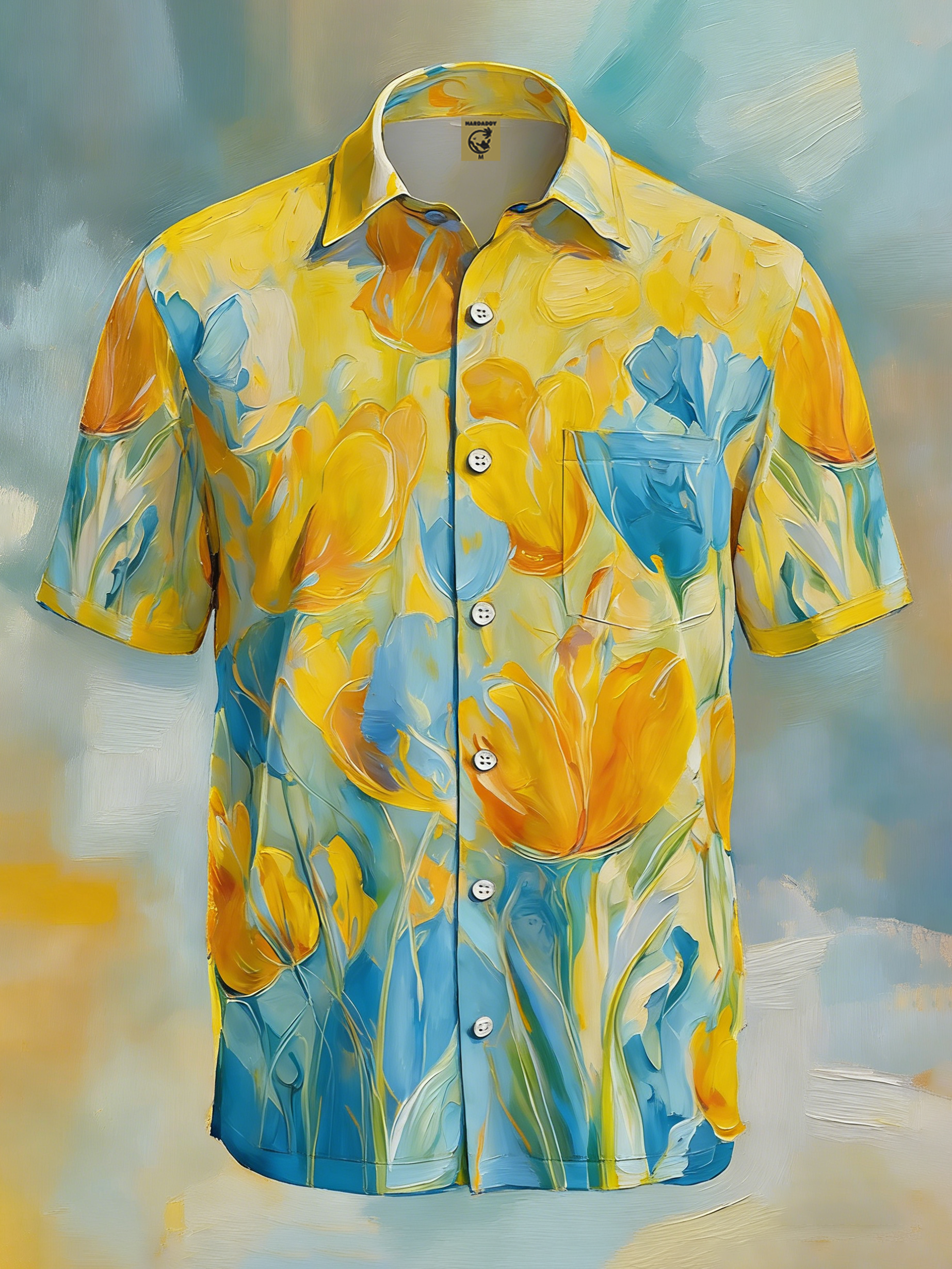 Moisture-wicking Floral Tulips Chest Pocket Hawaiian Shirt