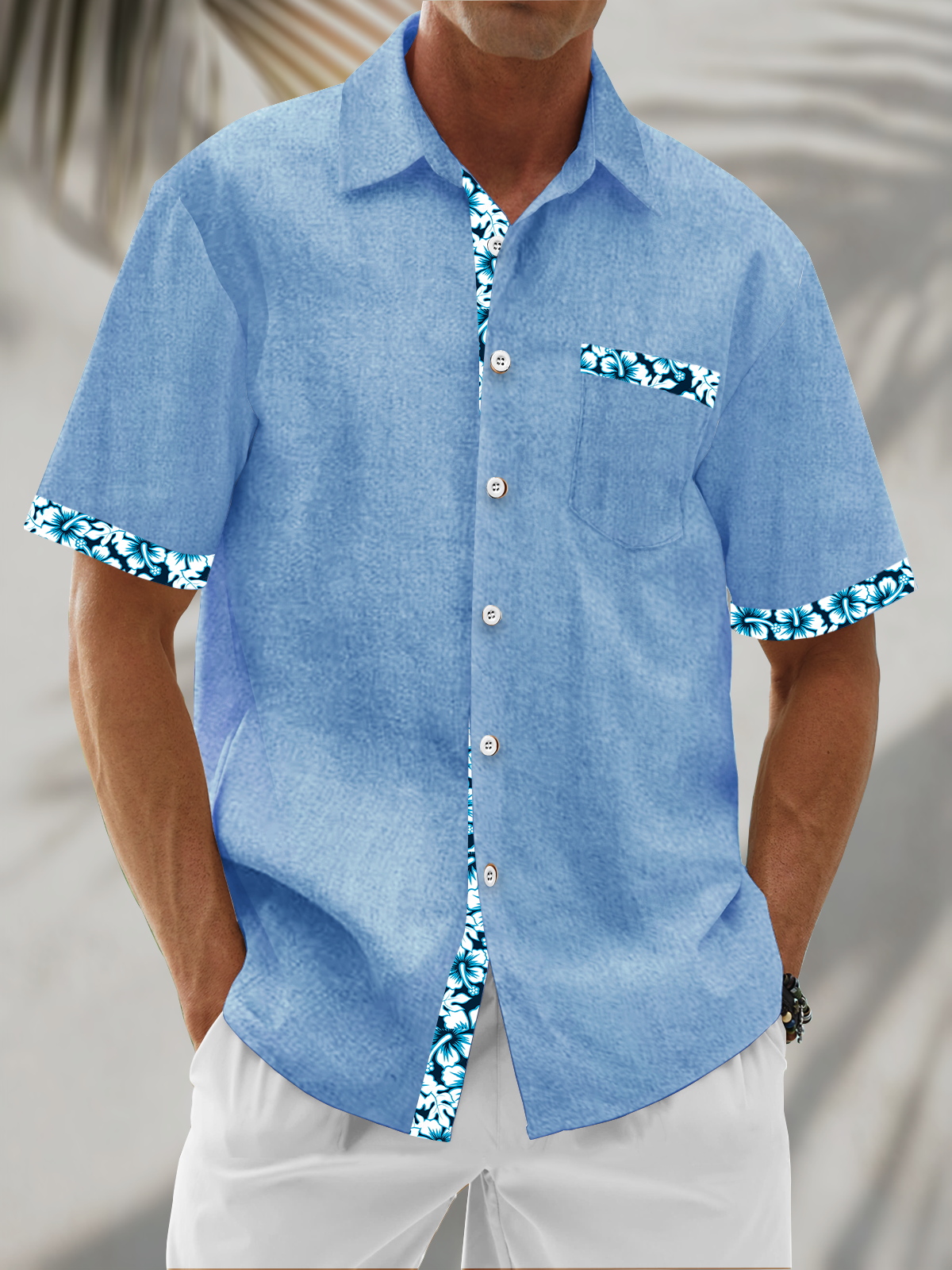 Moisture Wicking Solid Color With Floral Patchwork Chest Pocket Holiday Hawaiian Shirt