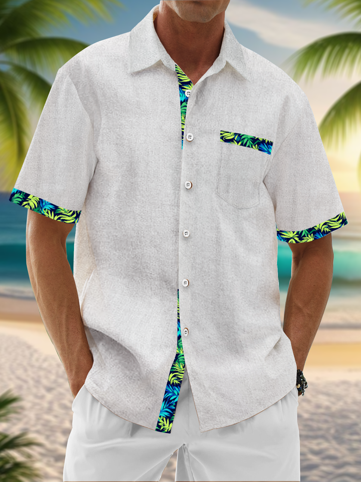 Linen Texture Plant Based Solid Color Patchwork Chest Pocket Holiday Hawaiian Shirt