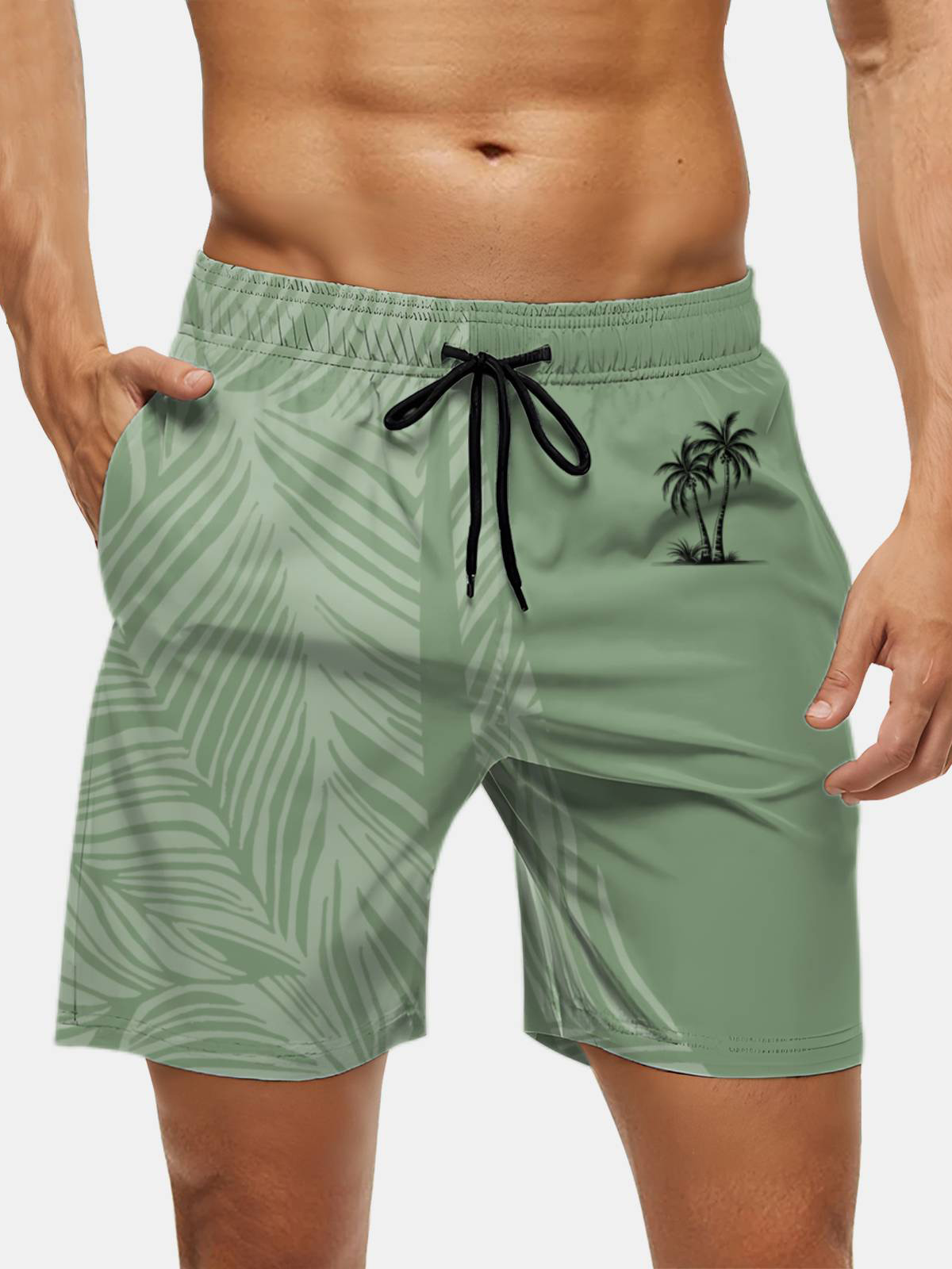Men's Swim Trunks Hawaiian Tropical Palm Tree Beach Shorts with Pockets