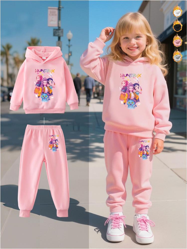 Girls' Fall Winter Fleece Lined 2-Piece Casual Set, Witch Hunter Corps Huntrix Colorful Letters, Cute Comfortable Pants, Hooded Design