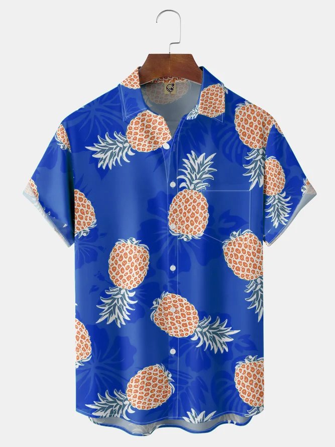 Fruit Pineapple Chest Pocket Short Sleeve Hawaiian Shirt