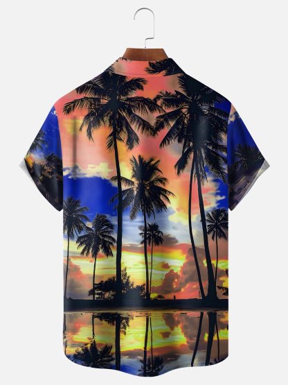 Moisture-wicking Beach Sunset Coconut Tree Chest Pocket Hawaiian Shirt