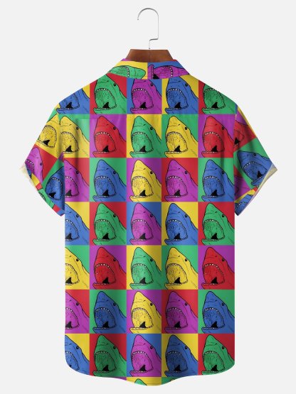 Moisture Wicking Ocean Animal Shark Chest Pocket Hawaiian Shirt