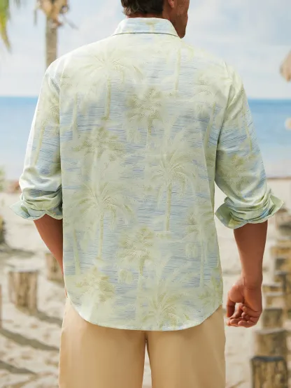 Palm Tree Chest Pocket Long Sleeve Hawaiian Shirt