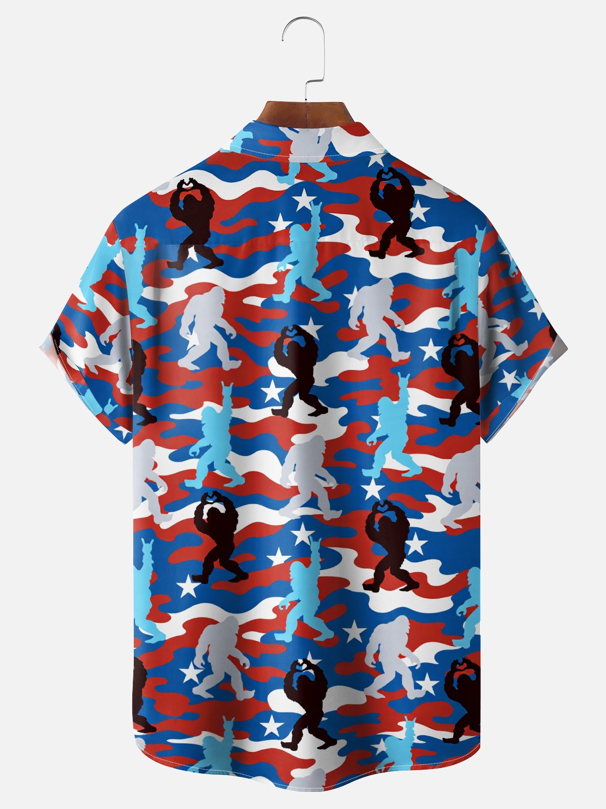 Moisture-Wicking Independence Day Anniversary American Flag Bigfoot Chest Pocket Holiday Hawaiian Shirt